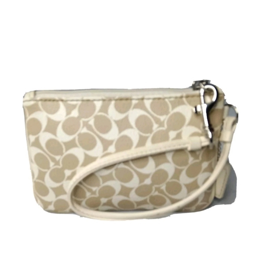 Coach Corner Zip Wristlet Signature Canvas Leather Trim Clutch Purse - Picture 4 of 8